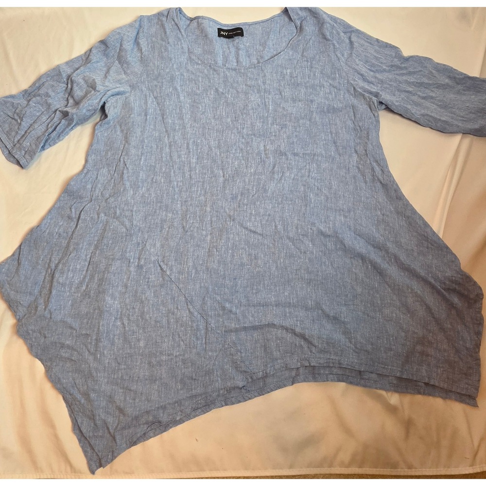 Jones New York JNY Linen Tunic Top Blue Sharkbite Hem 3/4 Sleeve Lagenlook XL